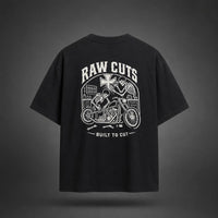 Camiseta RAW CUTS oversized negra, vista trasera con estampado de esqueletos y chopper